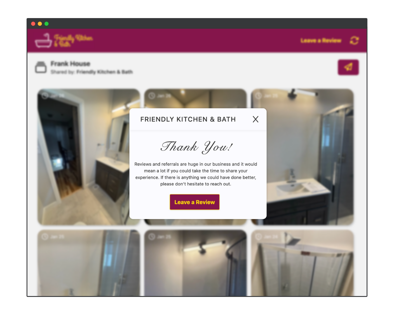 SnapWIP's client-facing gallery prompting a client for a review.