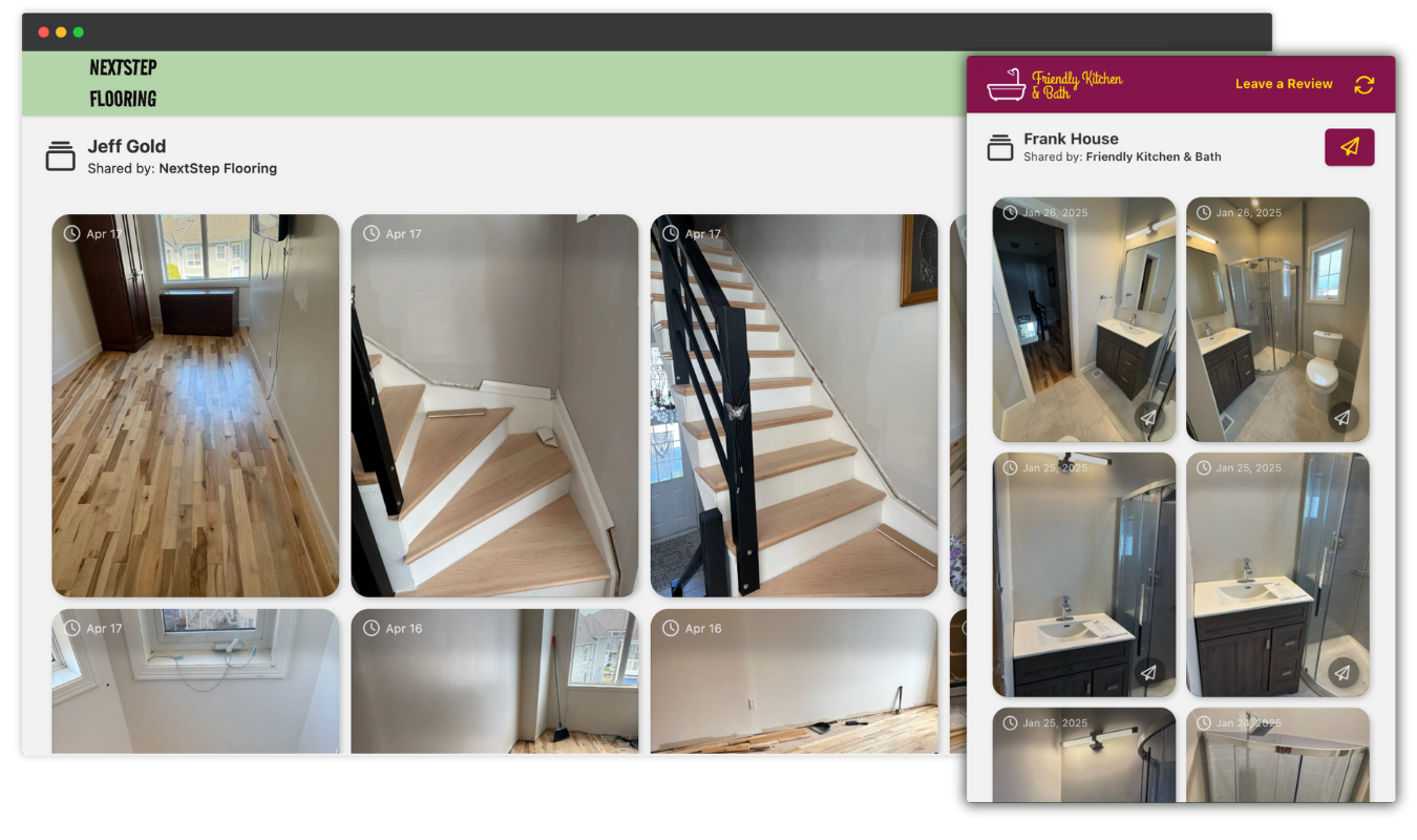 SnapWIP client progress galleries, shown in a desktop and mobile browser. SnapWIP client progress galleries, shown in a desktop and mobile browser.