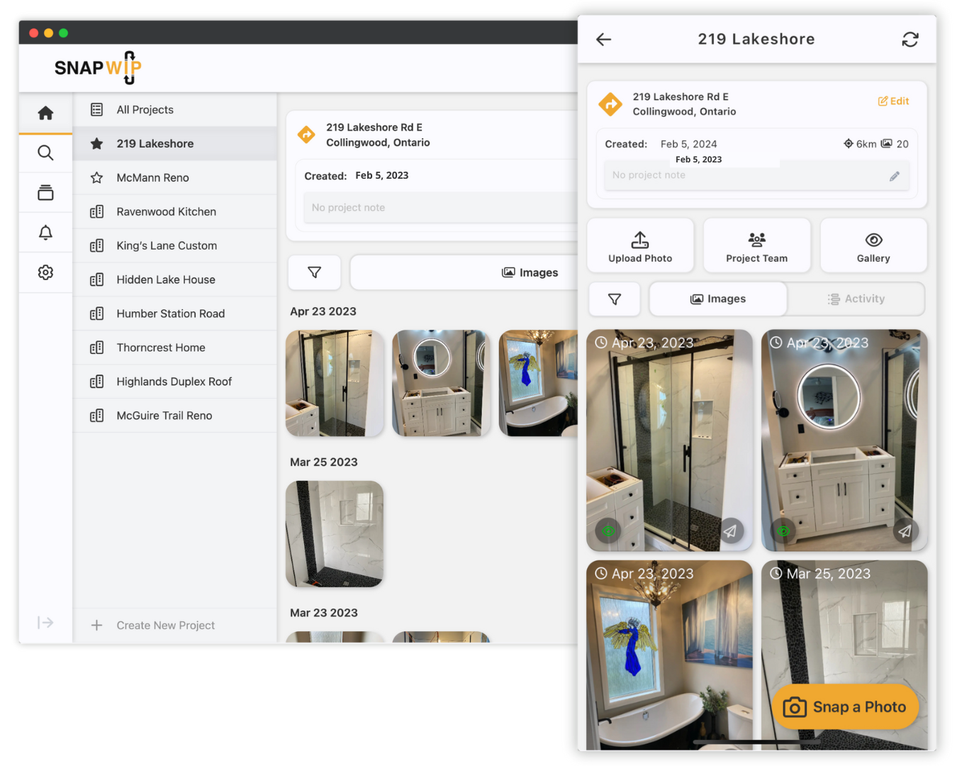 SnapWIP project pages in a desktop browser and mobile app.