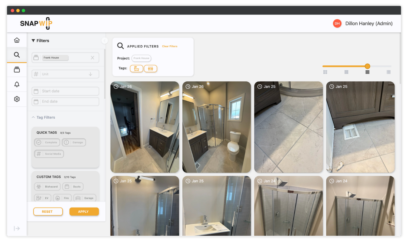 SnapWIP browser app search filters.