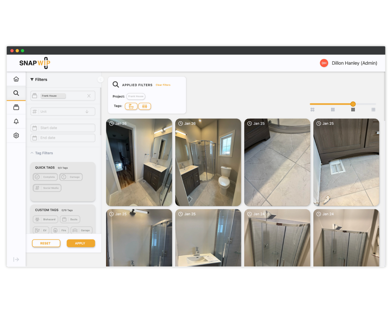 SnapWIP browser app search filters.