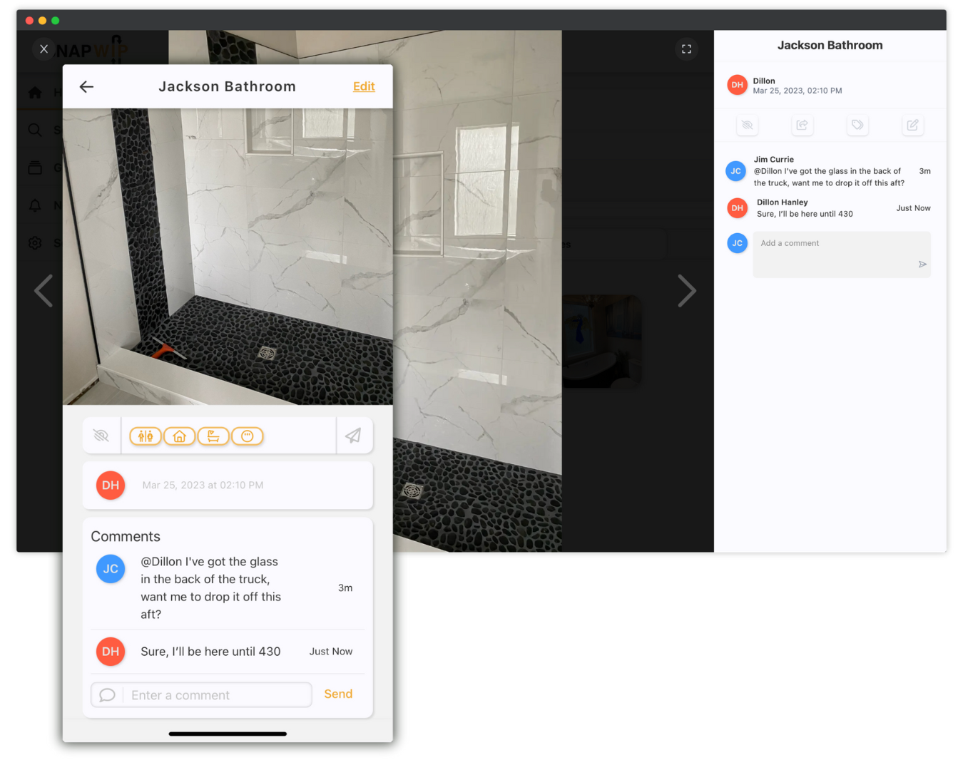 Project team discussing jobsite images through SnapWIP's comment feature.