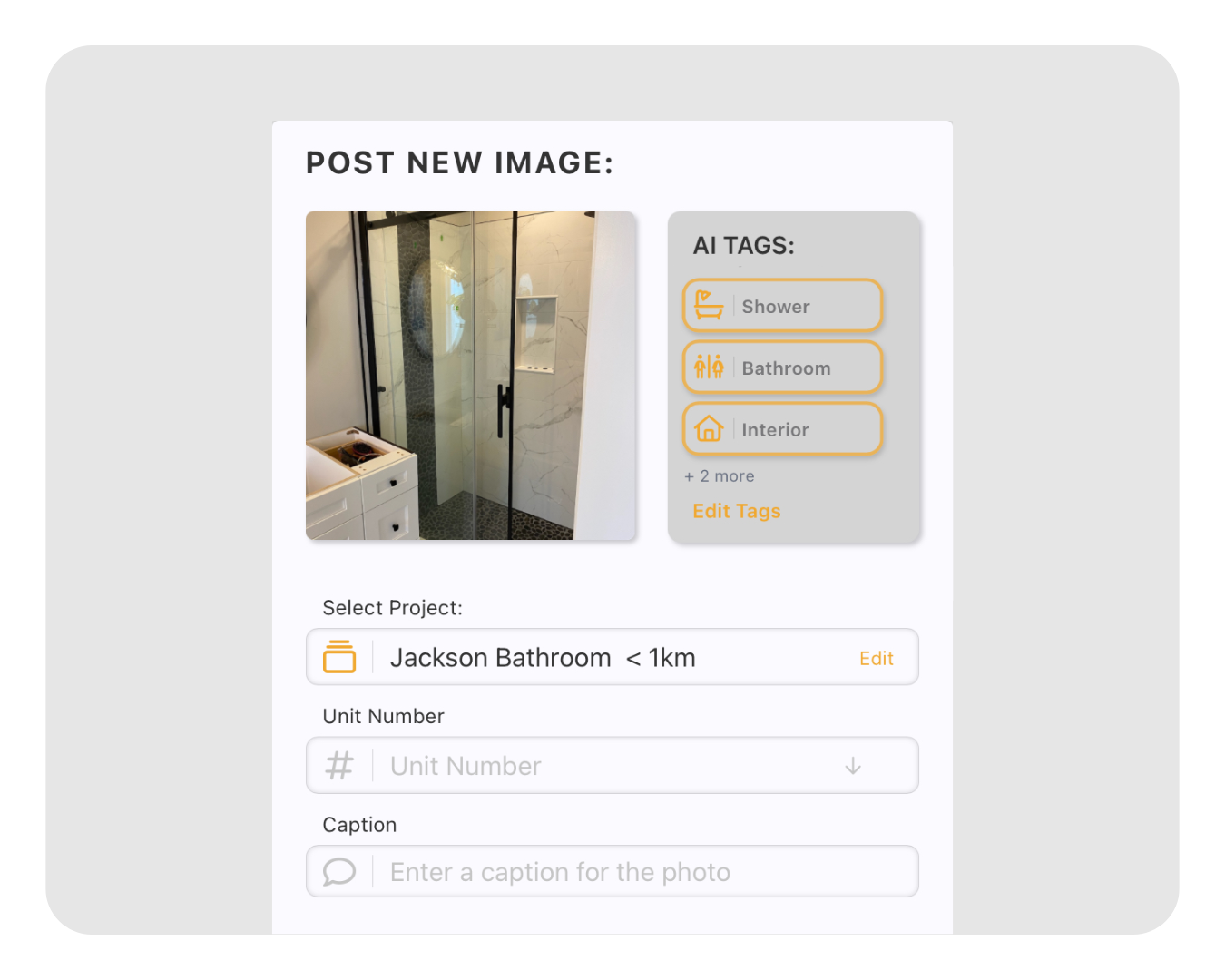 SnapWIP saving a jobsite photo with GPS and AI Tags. SnapWIP saving a jobsite photo with GPS and AI Tags.