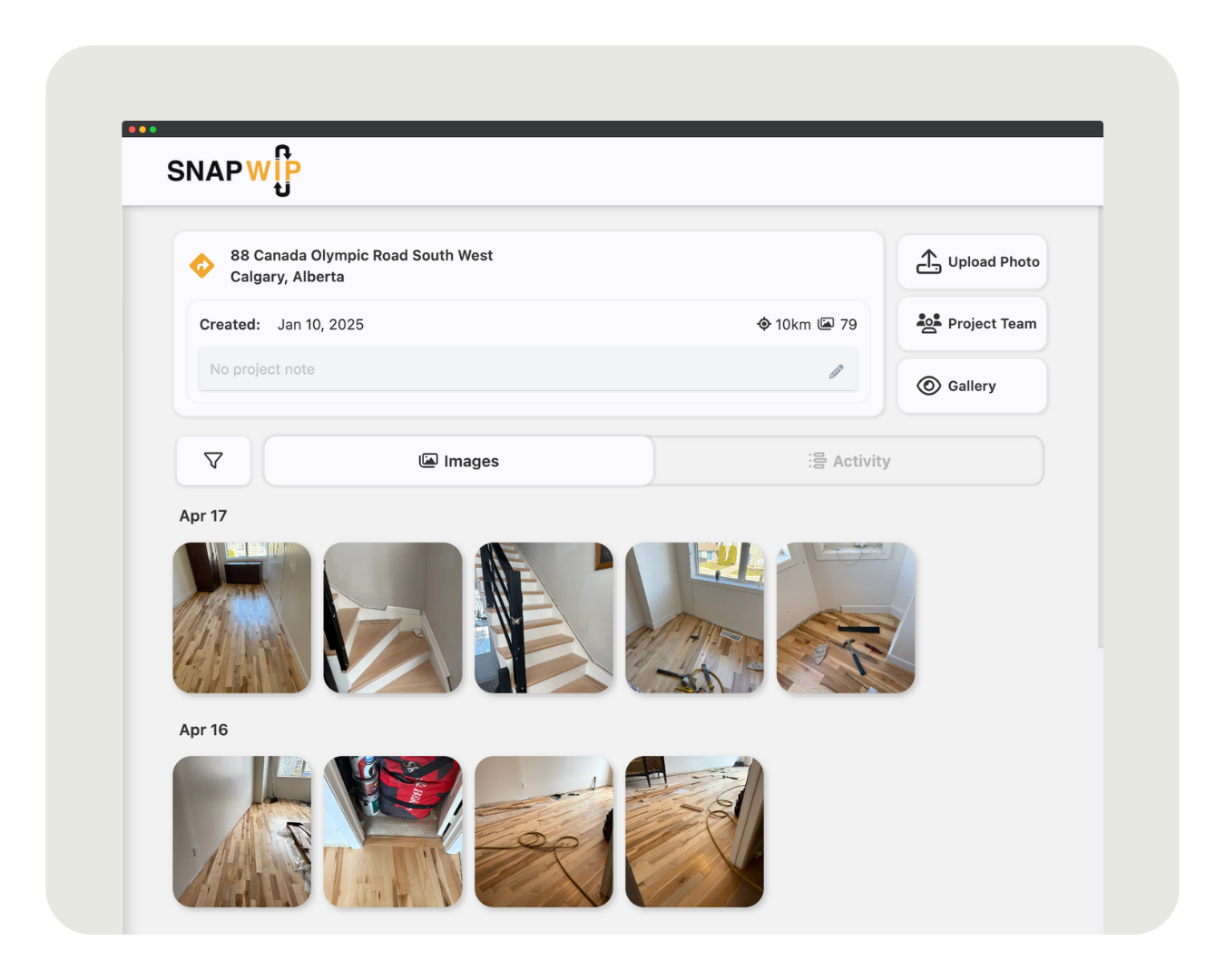 SnapWIP project feed showing a visual timeline of a flooring job. SnapWIP project feed showing a visual timeline of a flooring job.