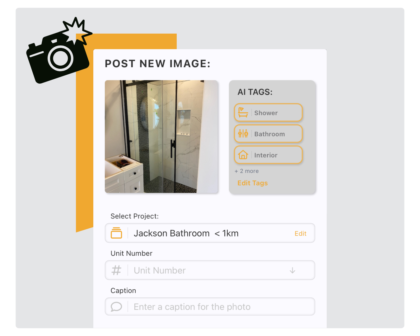 SnapWIP saving a jobsite photo with GPS and AI Tags.