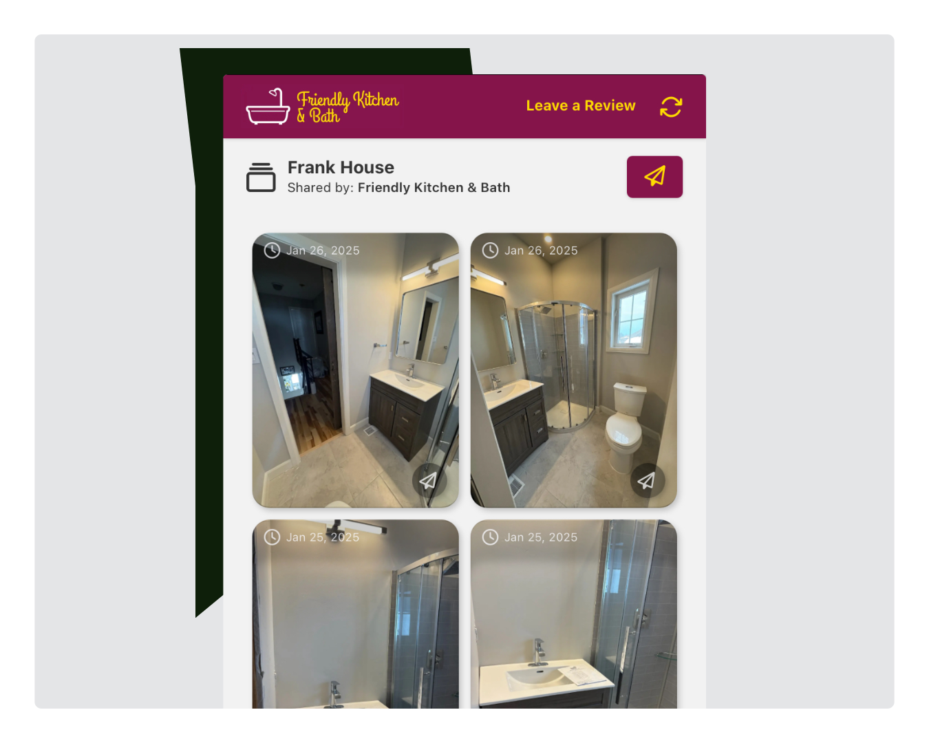 SnapWIP's client-facing gallery showcasing jobsite progress with custom branding.