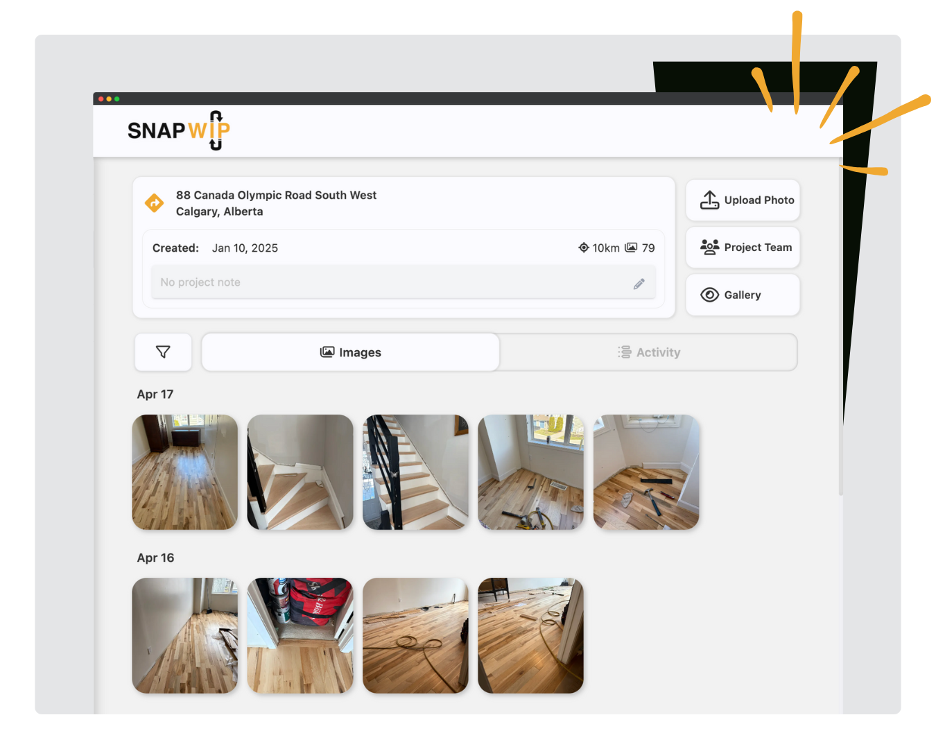 SnapWIP project feed showing a visual timeline of a flooring job.