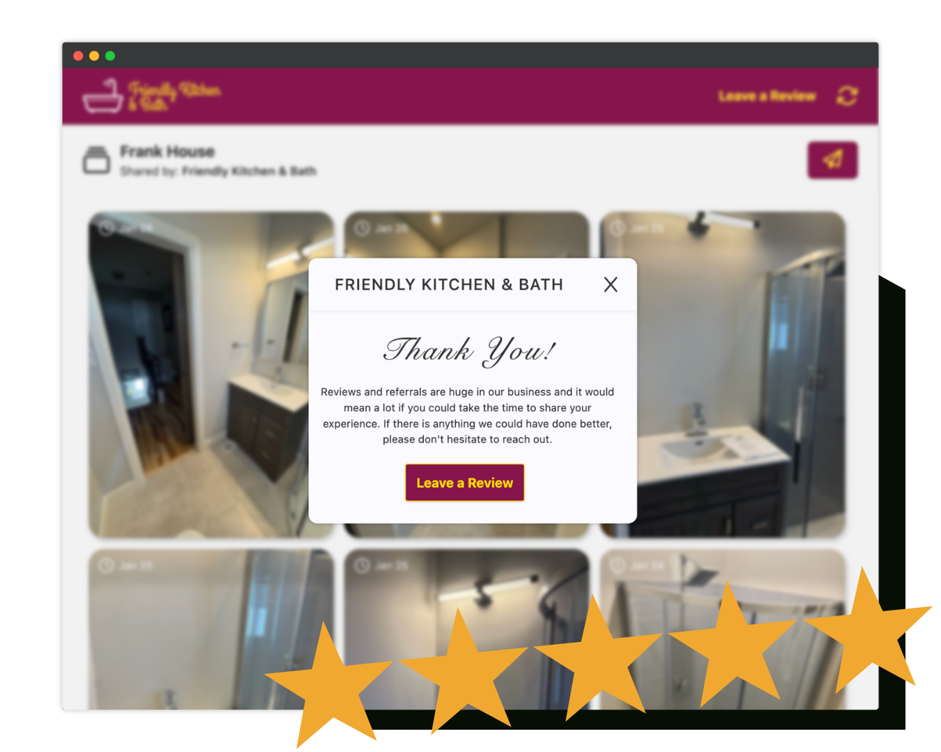 SnapWIP's client-facing gallery prompting a client for a review.