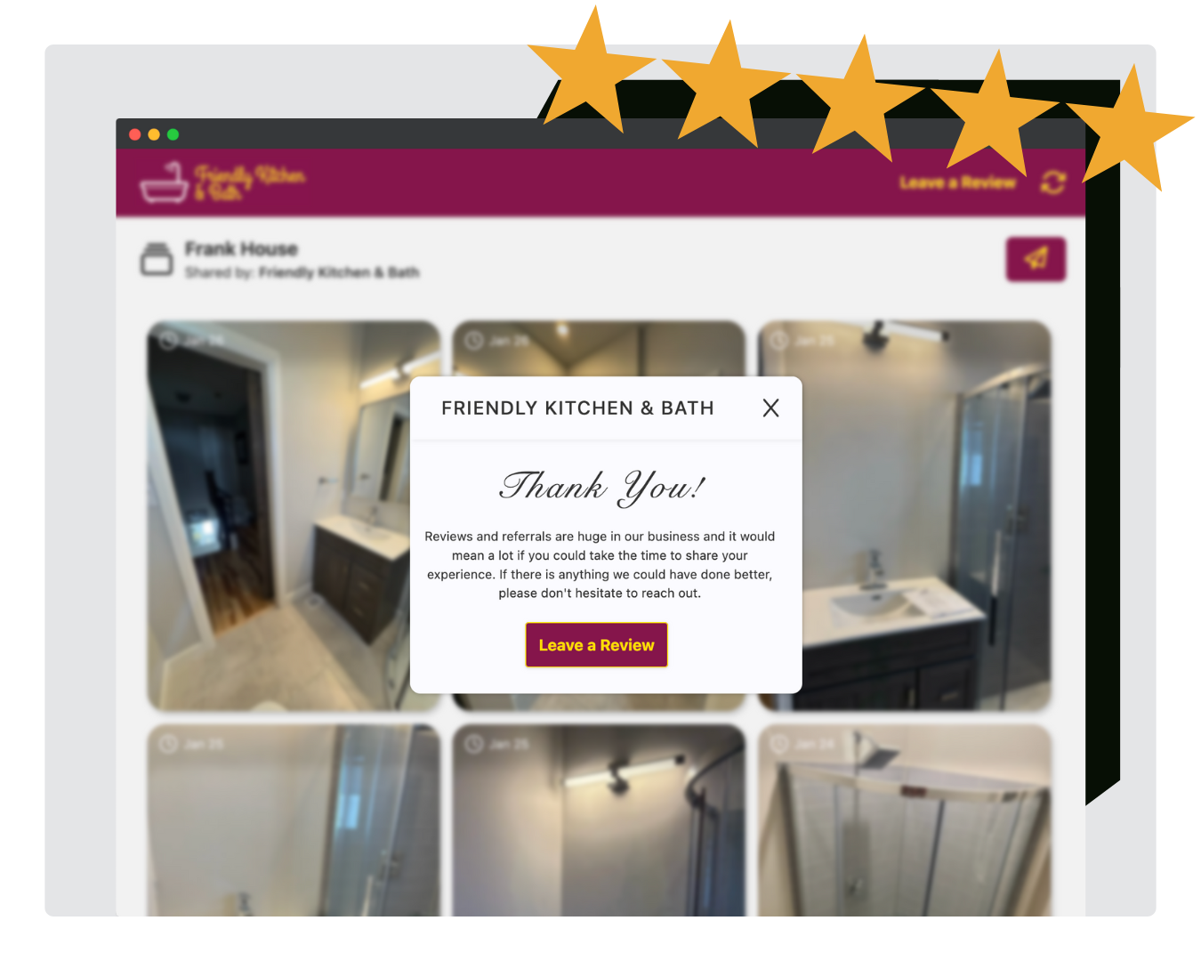 SnapWIP's client-facing gallery prompting a client for a review.