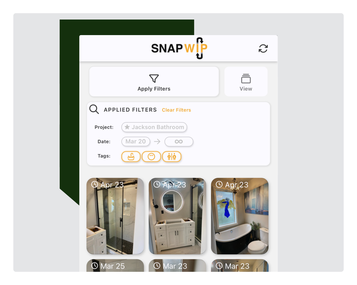 SnapWIP searching with project, date and tag filters.