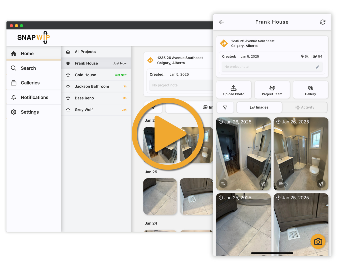 Screenshot of SnapWIP app for jobsite photos