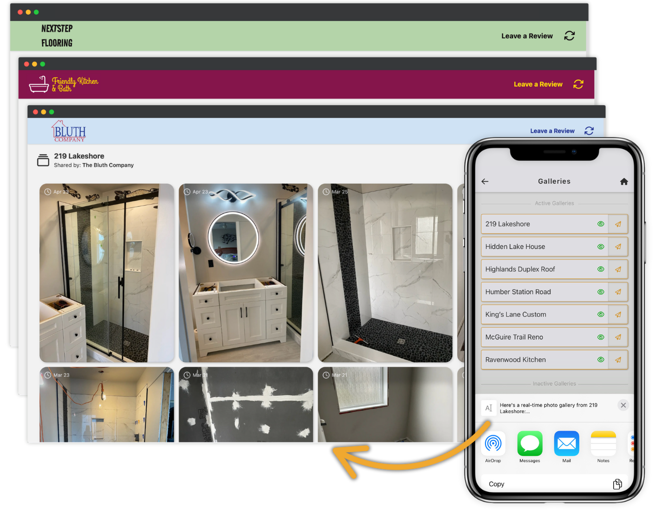 Sharing a SnapWIP Client Gallery from the app, and showing it in a desktop browser.
