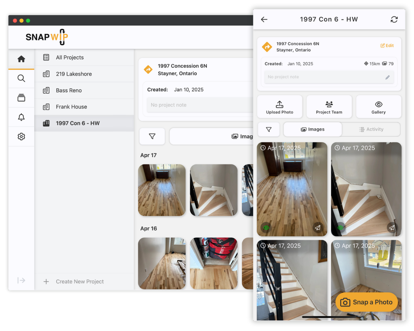 SnapWIP project pages in a desktop browser and mobile app. SnapWIP project pages in a desktop browser and mobile app.