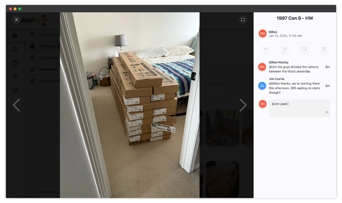 Project manager having a conversation with crew using SnapWIP's photo comments. Project manager having a conversation with crew using SnapWIP's photo comments.