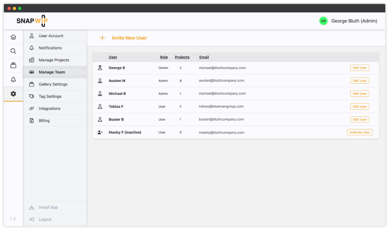 SnapWIP Team Management UI SnapWIP Team Management UI