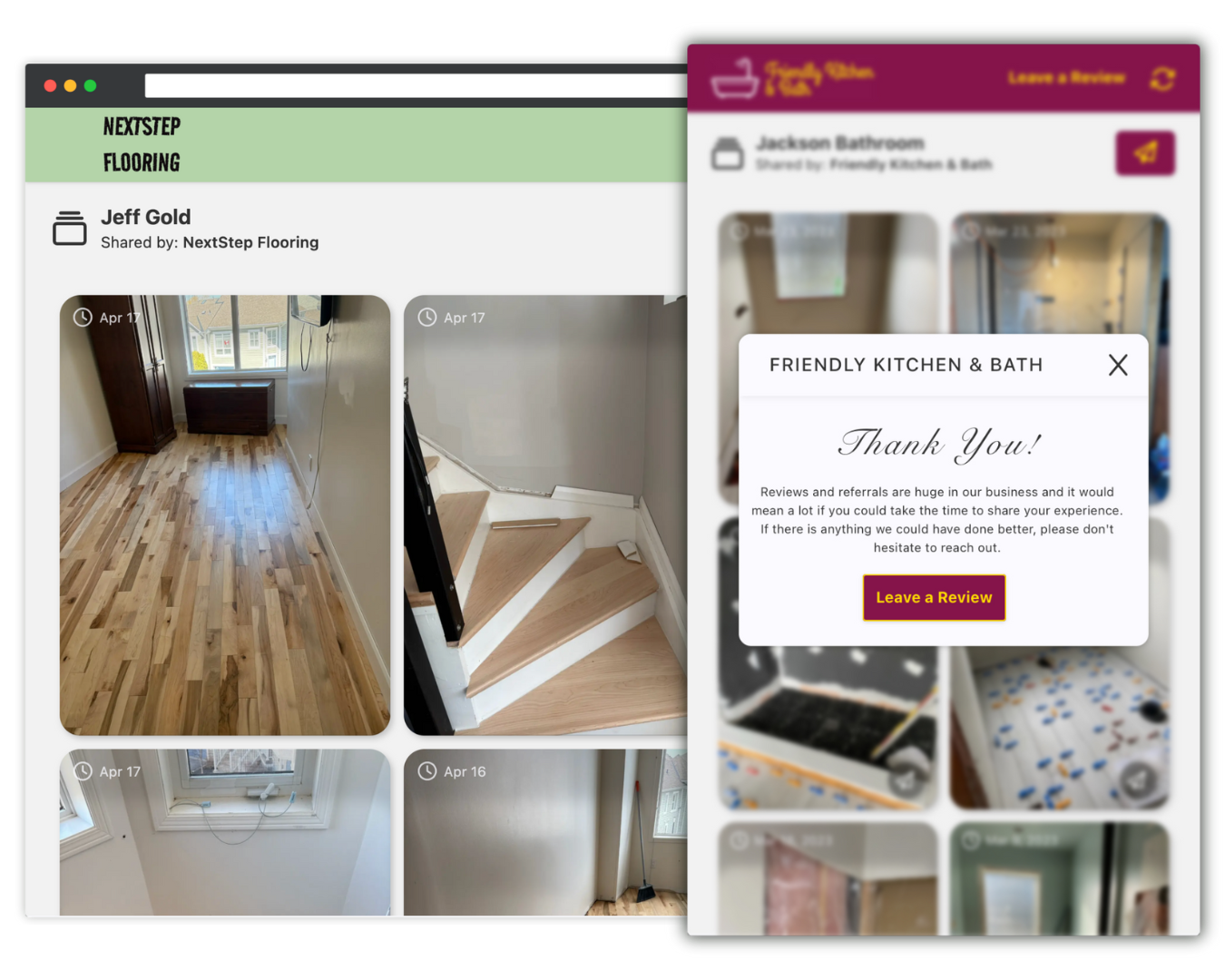 Client-facing gallery showcasing jobsite progress with custom branding.