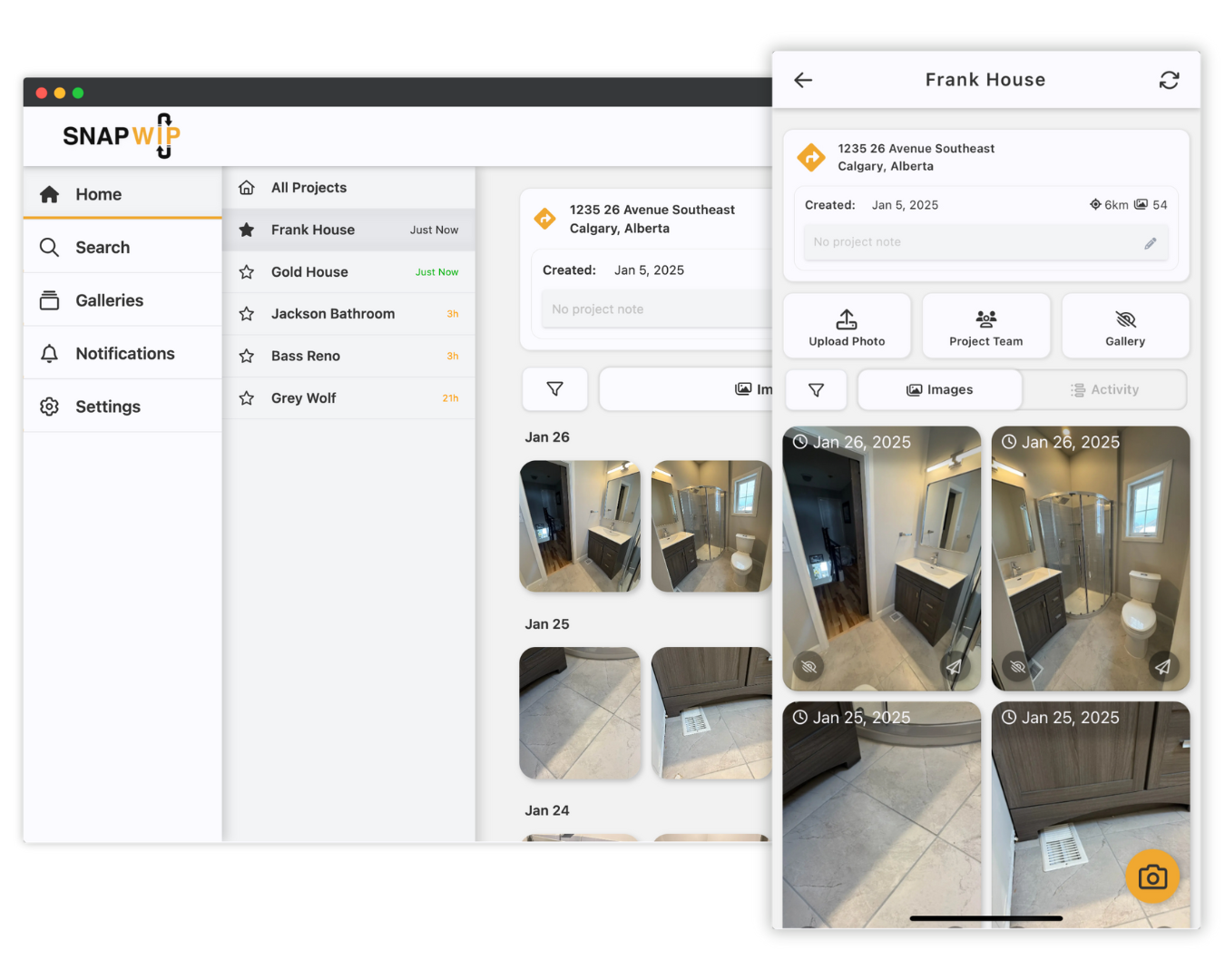Screenshot of SnapWIP app for jobsite photos