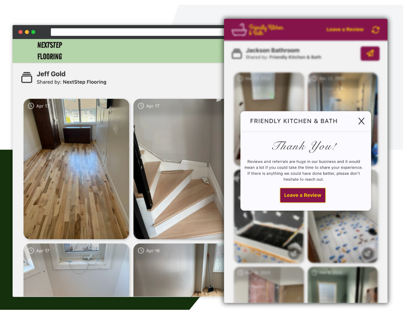 Client-facing gallery showcasing jobsite progress with custom branding.
