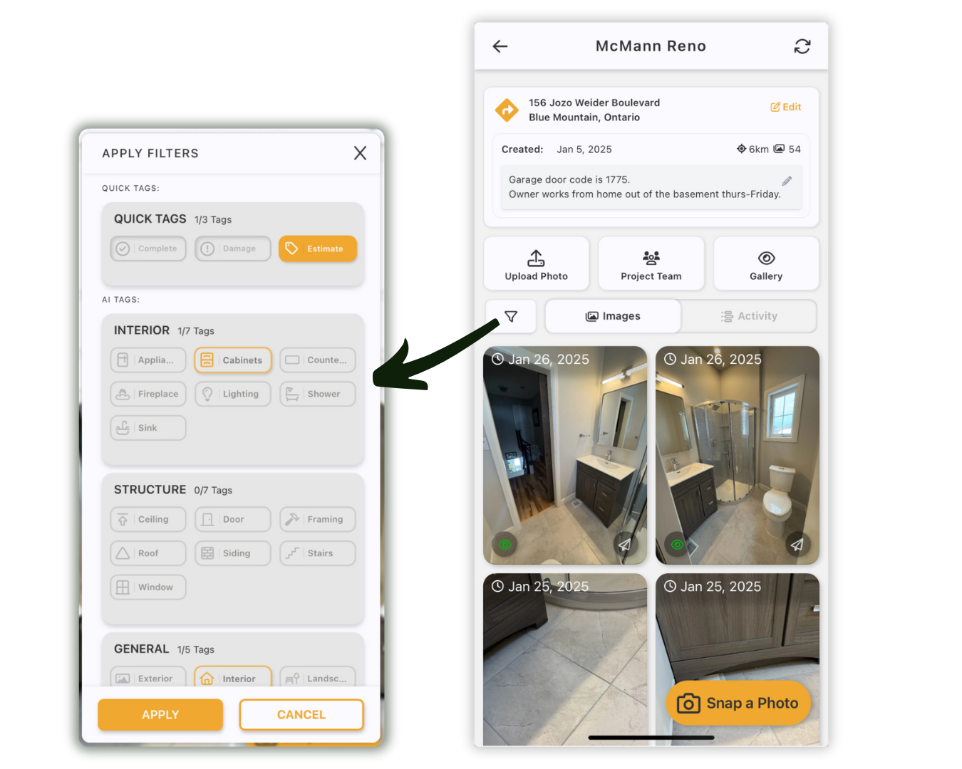 SnapWIP app project feeds and filter options.