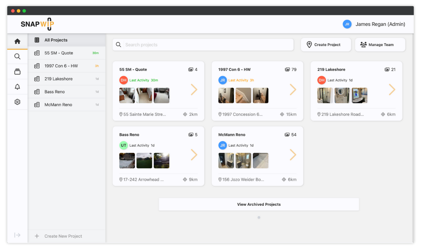 SnapWIP desktop browser homepage showing active projects.