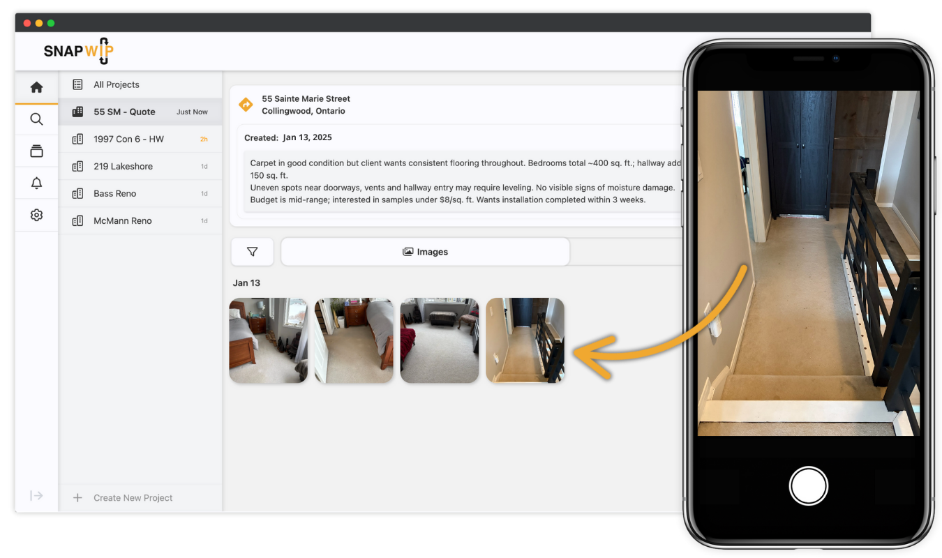 SnapWIP app camera adding photos to a desktop browser's project feed.