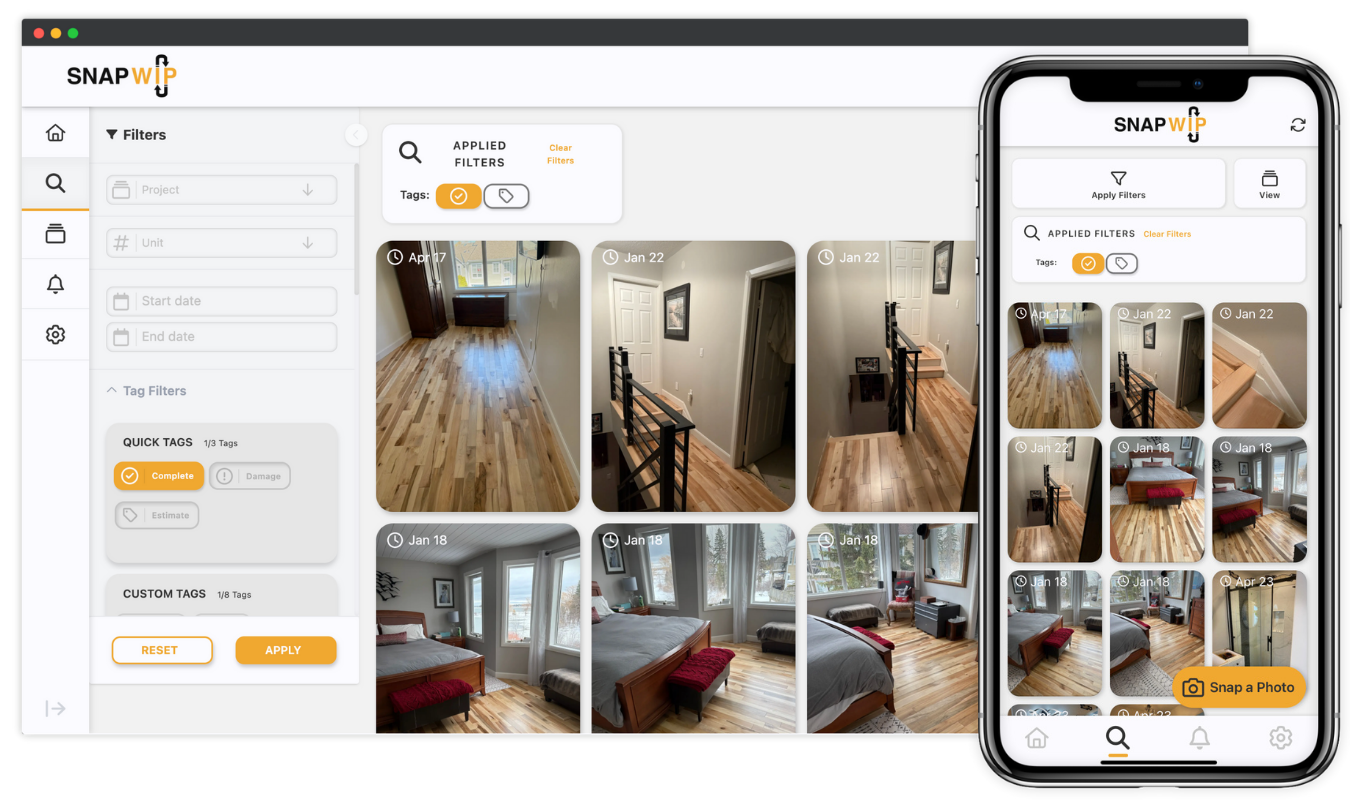SnapWIP's search filters on a desktop browser and in the mobile app. SnapWIP's search filters on a desktop browser and in the mobile app.